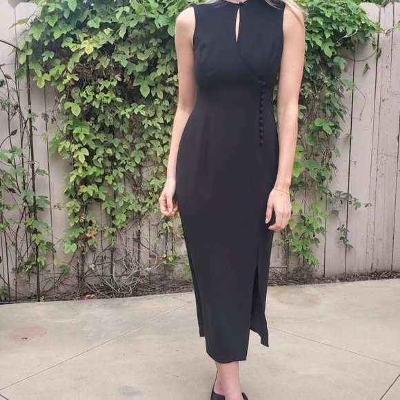 Tahari Classics Black Lined Keyhole Neck Sleeveless Front Slit Midi Dress Size 2 - Picture 2 of 15